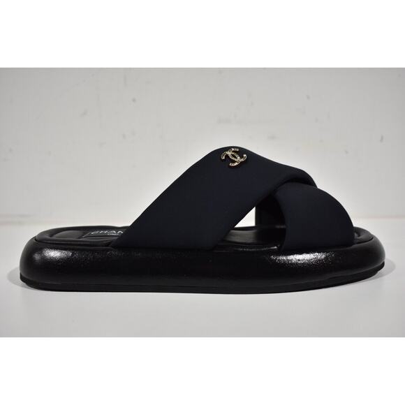 Chanel REV Black Fabric Criss Cross Puffy CC Logo Slide Mule Sandal Flop Flat 38 - Picture 2 of 12